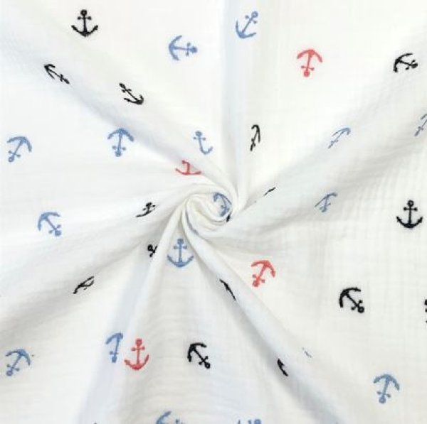 Musselin - bestickt - Anchors - white