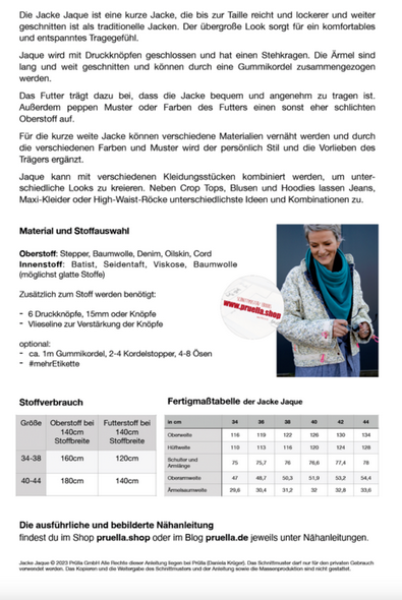 Papierschnittmuster - Jacke Jaque - Damen - Prülla