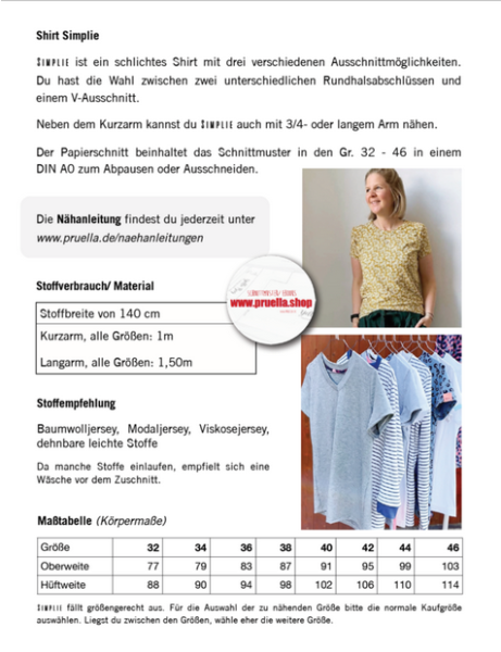 Papierschnittmuster - Shirt Simplie - Damen - Prülla