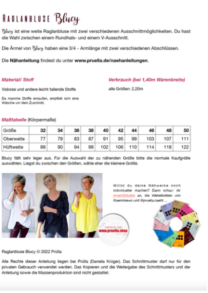 Papierschnittmuster - Raglanbluse Blucy - Damen - Prülla