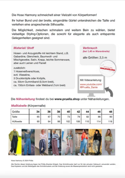 Papierschnittmuster - Hose Harmony - Damen - Prülla