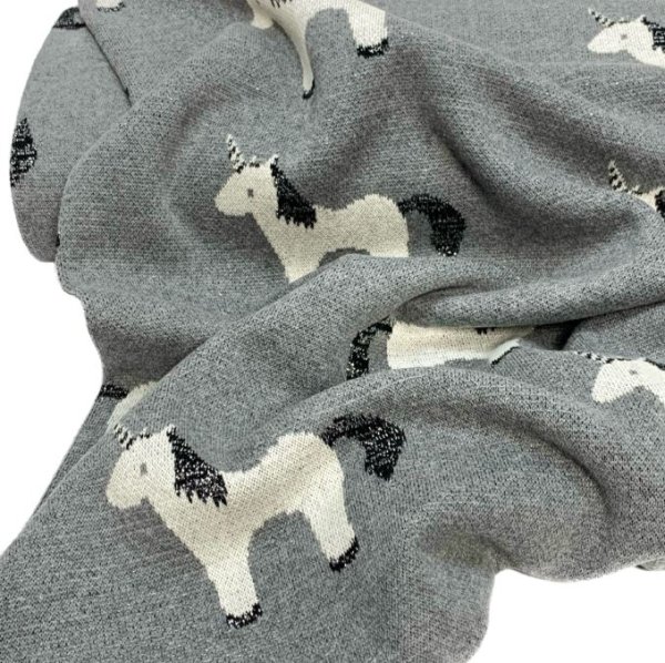 Strickstoff Jacquard - Einhorn Glitzer grau