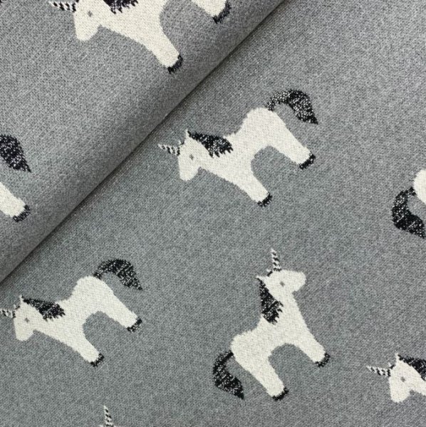 Strickstoff Jacquard - Einhorn Glitzer grau