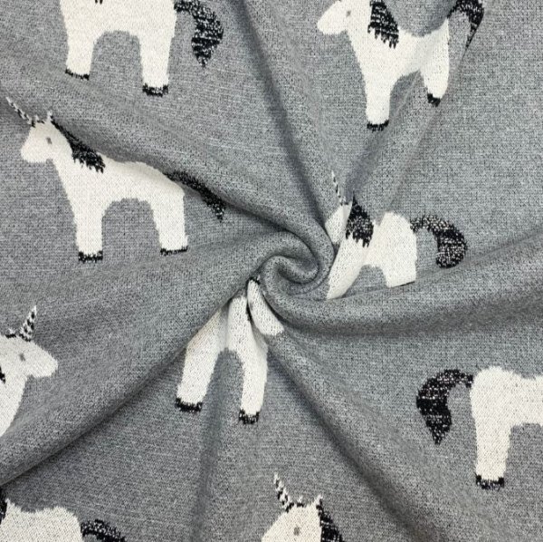 Strickstoff Jacquard - Einhorn Glitzer grau