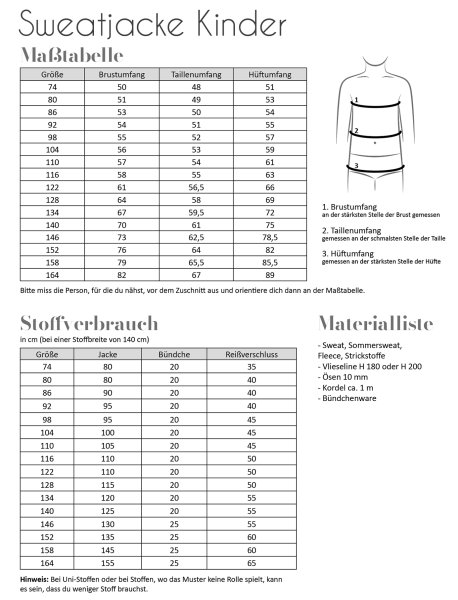 Papierschnittmuster - Sweatjacke  - Kinder - Fadenkäfer