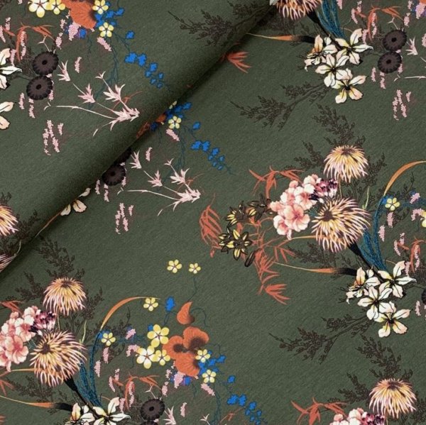 Viskosejersey - Japanese Flowers - khaki