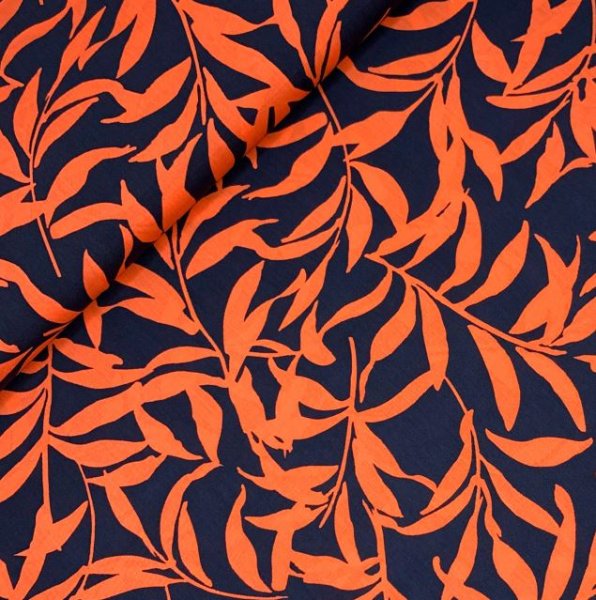 RESTSTÜCK 50cm !!! - Viskose - Leaves Night - dark navy/coral