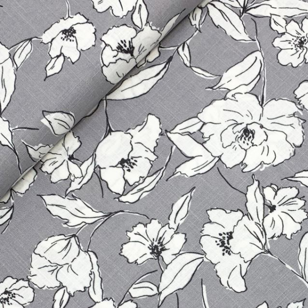 RESTSTÜCK 1,50m !!! - Viskose Leinen - White Flowers - grey