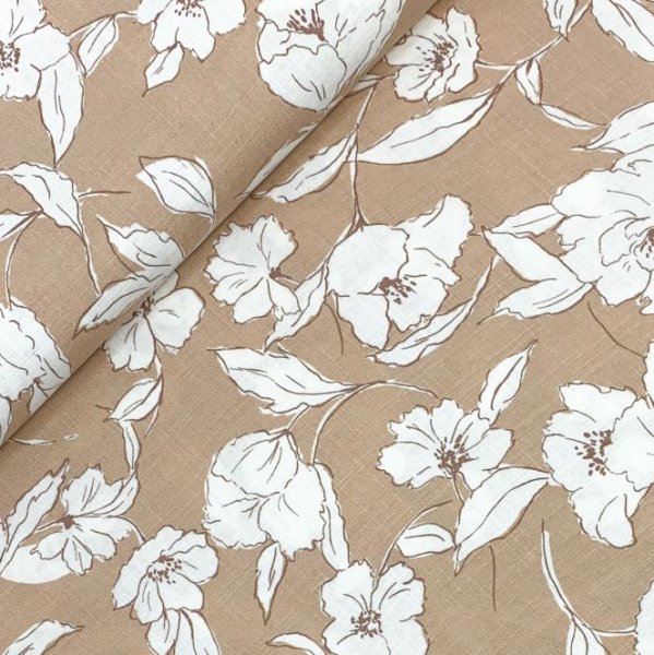 RESTSTÜCK 80cm !!! Viskose Leinen - White Flowers - hazelnut
