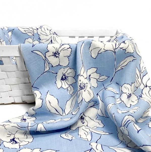 Viskose Leinen - White Flowers - light blue