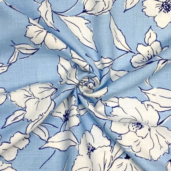 Viskose Leinen - White Flowers - light blue