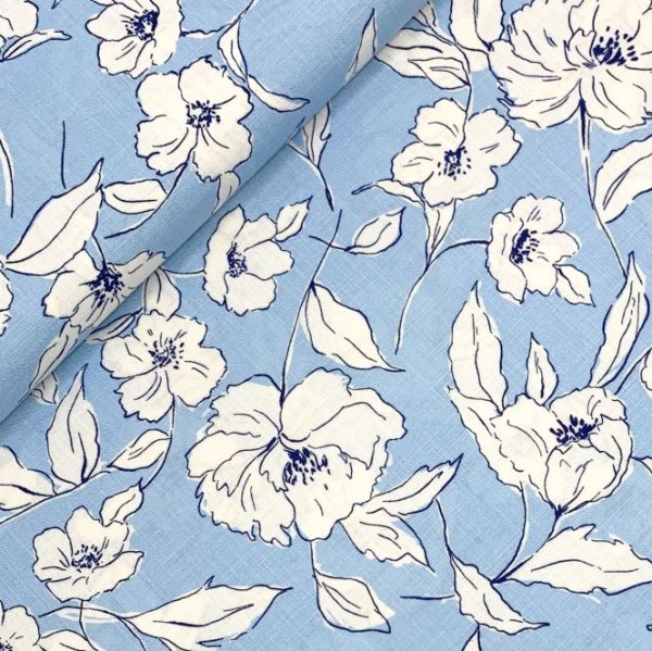 Viskose Leinen - White Flowers - light blue