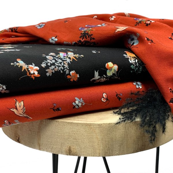 Viskose Twill - Birds & Flowers - rost