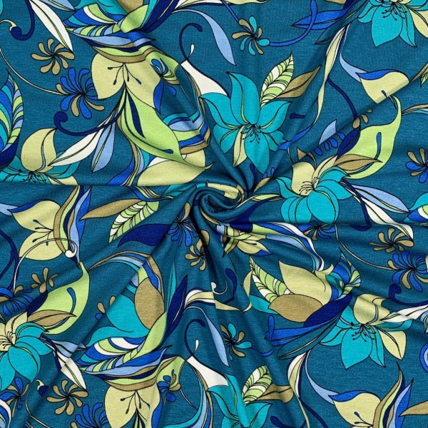 Viskosejersey - Florina Flowers - petrol