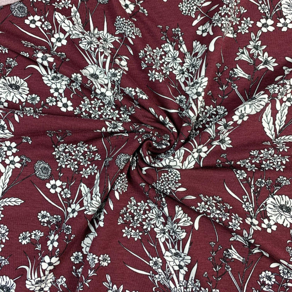 RESTSTÜCK 0,90m !!! - Viskosejersey - Zarte Blumen - bordeaux