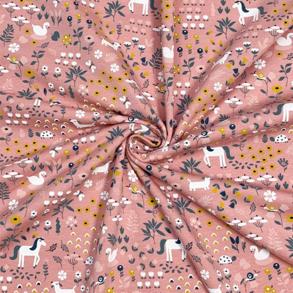 RESTSTÜCK 0,40m !!! - Bio Jersey - Tierwiese - rosa