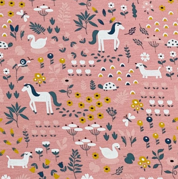 RESTSTÜCK 0,40m !!! - Bio Jersey - Tierwiese - rosa