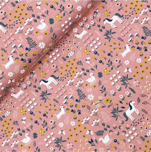 RESTSTÜCK 0,40m !!! - Bio Jersey - Tierwiese - rosa
