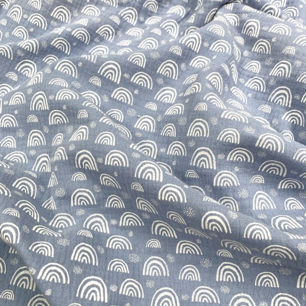 Musselin - Rainbow & Dots - hellblau